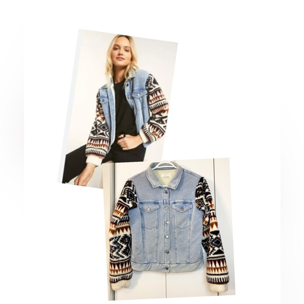Z Supply All Day Knit Denim Jacket WAztec Fleece Sleeves Euc S Ptp 20521